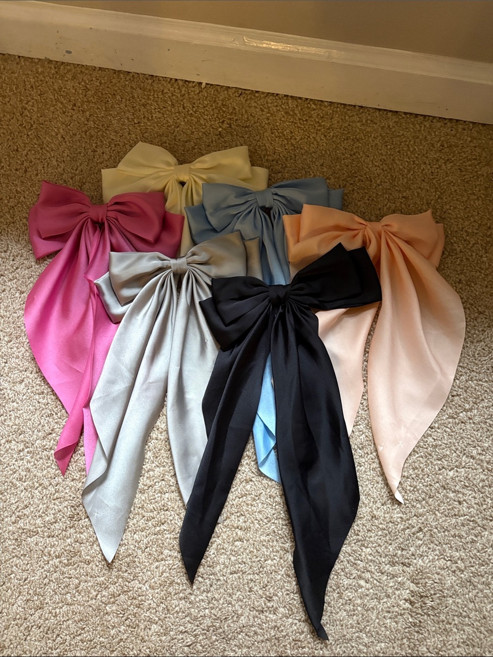 *6 PK* Classic Satin Hair Bow Scarf - Black, Pink, Blue, Ivory, Peach, Gray